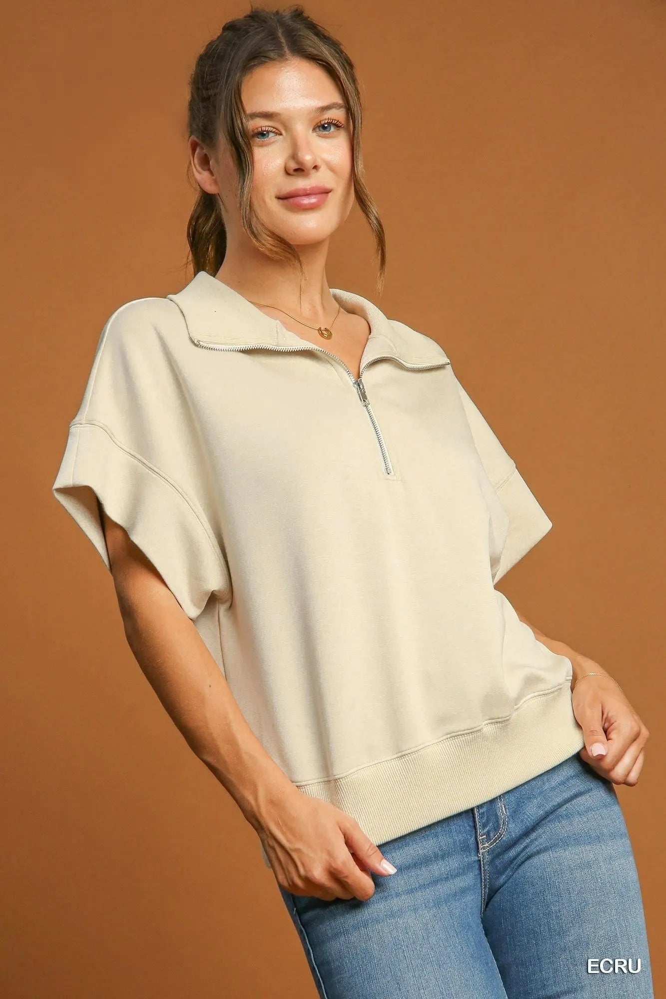 Umgee Full Size Half - Zip Short Sleeve Top Plus Size - Jennie Dots