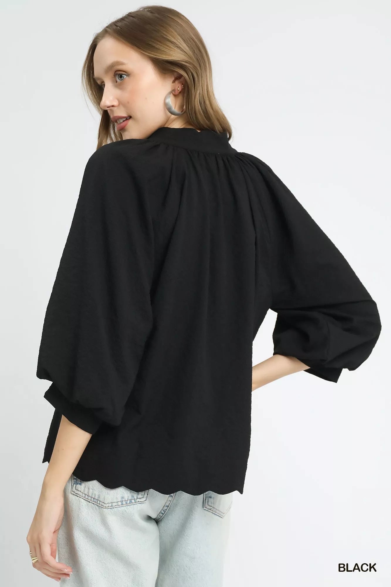 Umgee Full Size Textured Notched Balloon Sleeve Blouse Plus Size - Jennie Dots