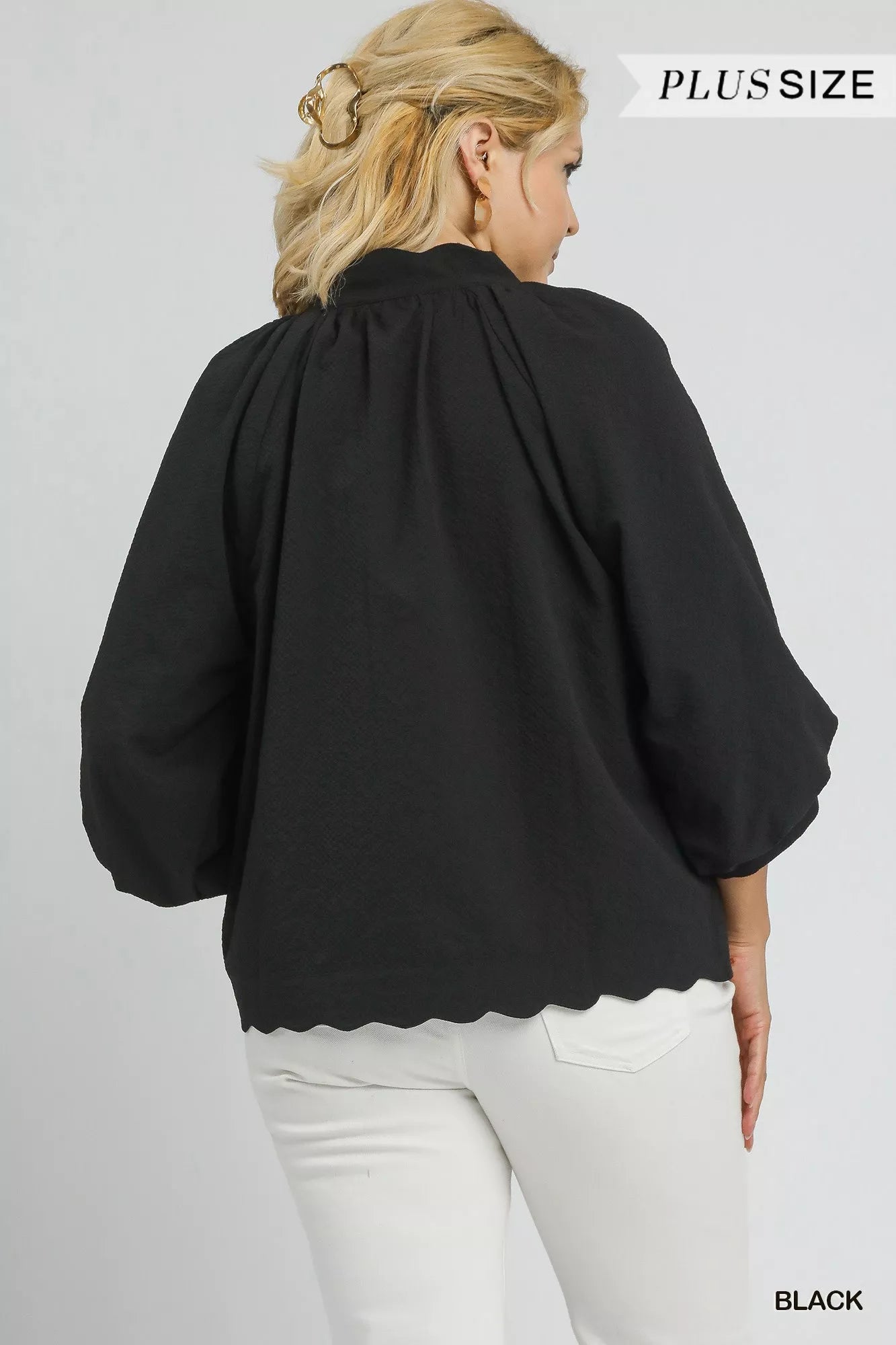Umgee Full Size Textured Notched Balloon Sleeve Blouse Plus Size - Jennie Dots
