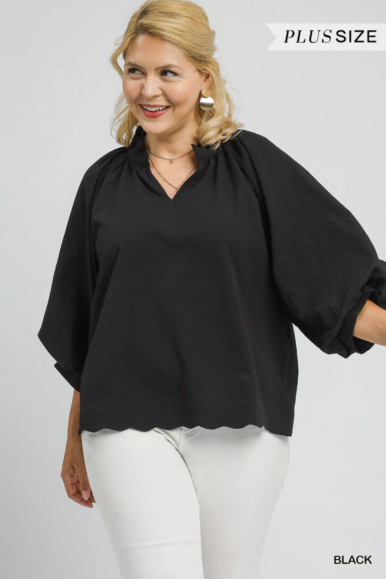 Umgee Full Size Textured Notched Balloon Sleeve Blouse Plus Size - Jennie Dots