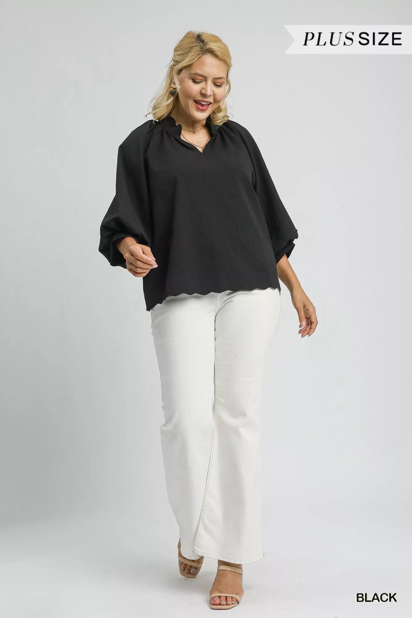 Umgee Full Size Textured Notched Balloon Sleeve Blouse Plus Size - Jennie Dots