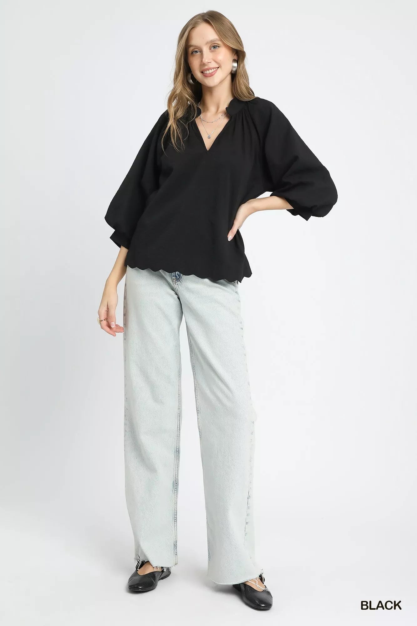 Umgee Full Size Textured Notched Balloon Sleeve Blouse Plus Size - Jennie Dots