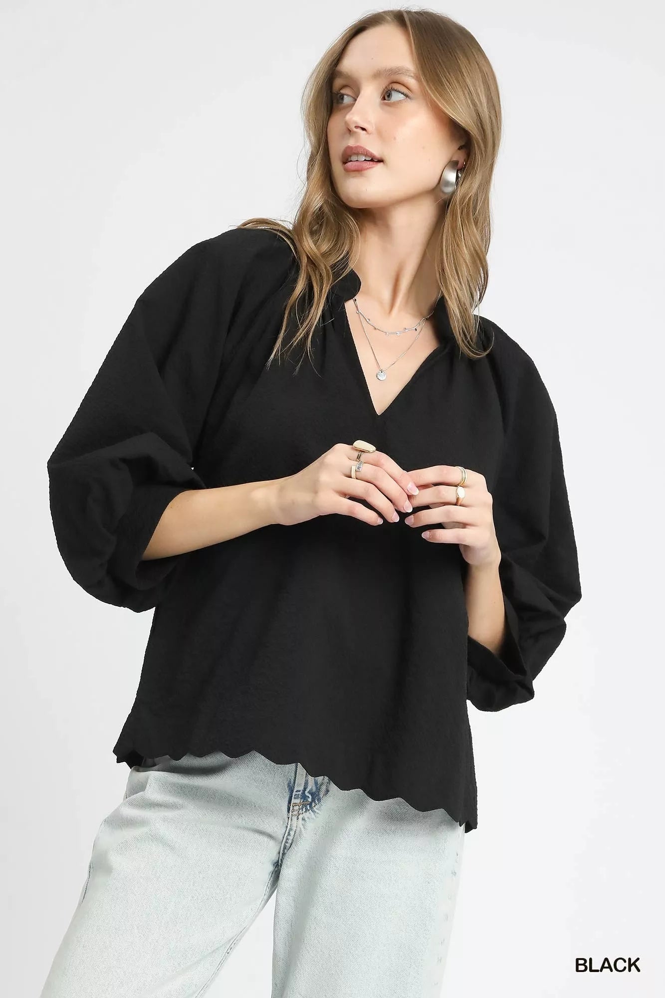 Umgee Full Size Textured Notched Balloon Sleeve Blouse Plus Size - Jennie Dots