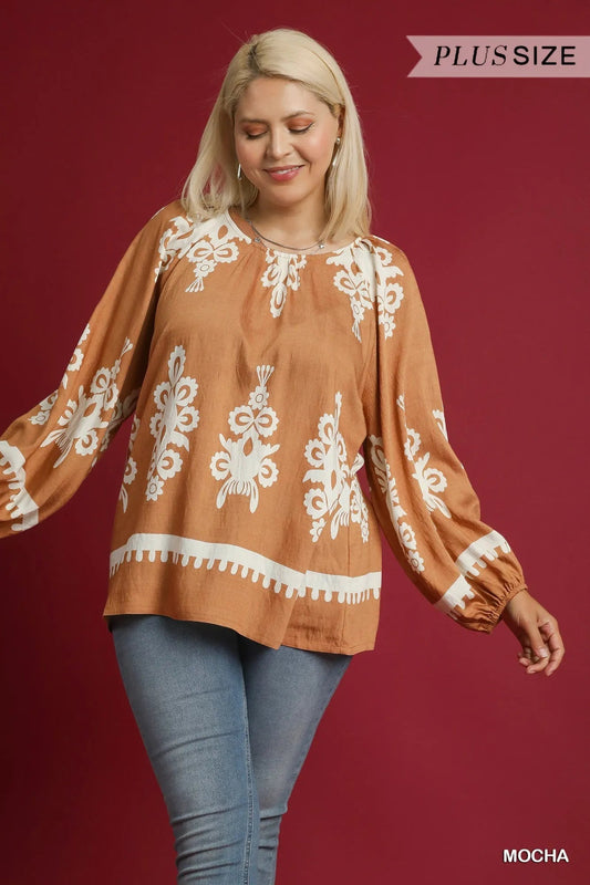Umgee Full Size Two Tone Border Print Top with Balloon Sleeves Plus Size - Jennie Dots