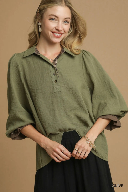Umgee Half Button Blouse with Leopard Print Trim - Jennie Dots