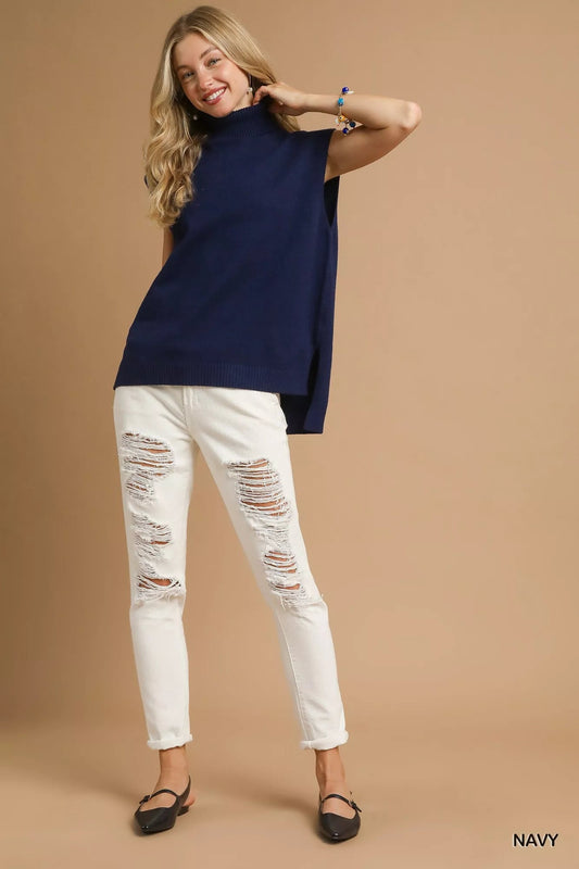 Umgee High - Low Turtleneck Sleeveless Sweater Top - Jennie Dots