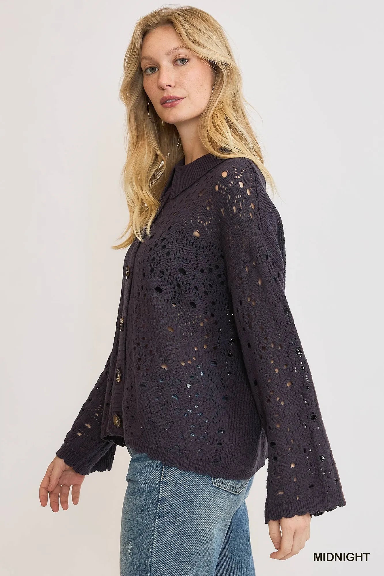 Umgee Hollow Out Button Down Cardigan - Jennie Dots