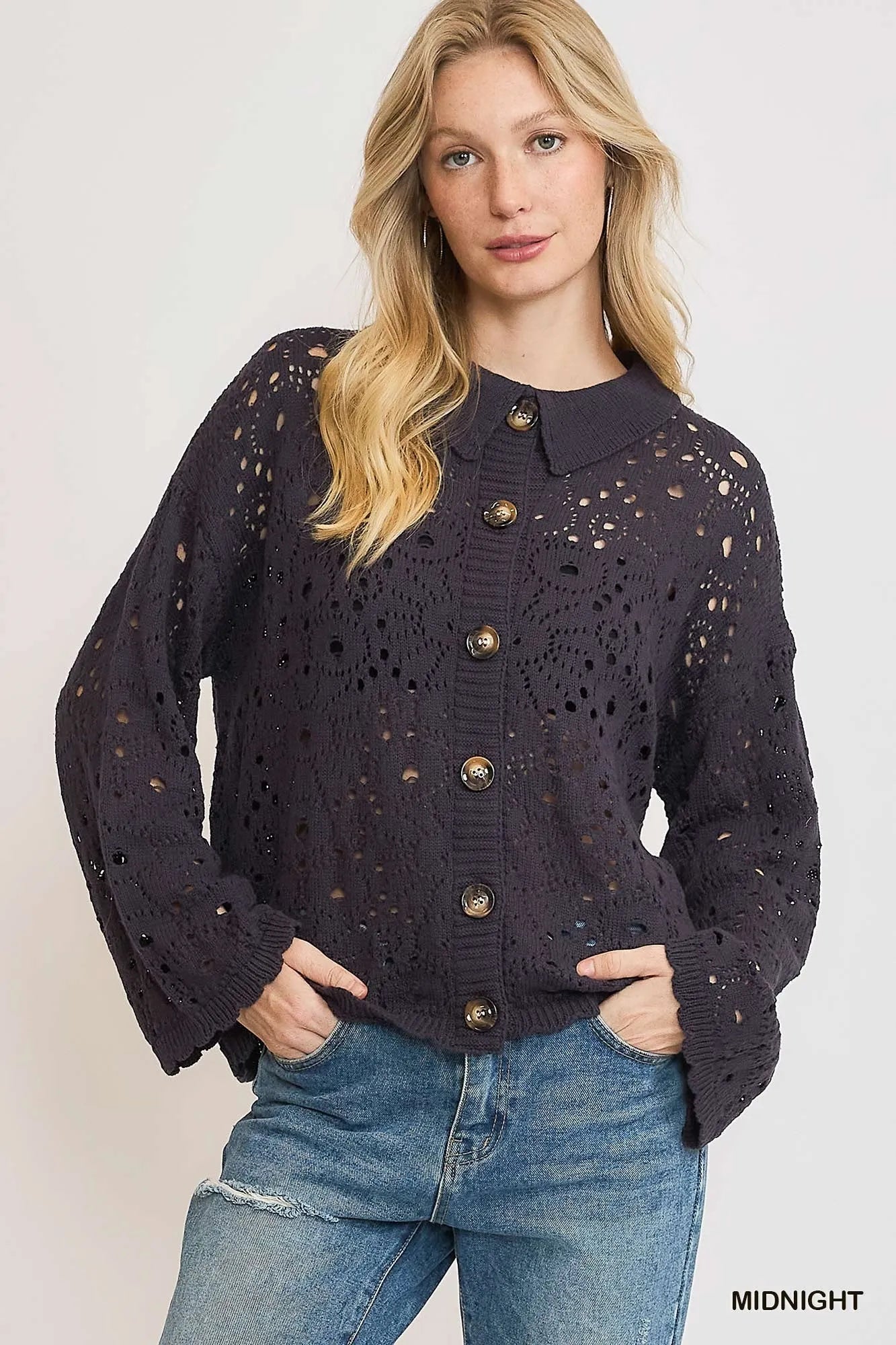 Umgee Hollow Out Button Down Cardigan - Jennie Dots