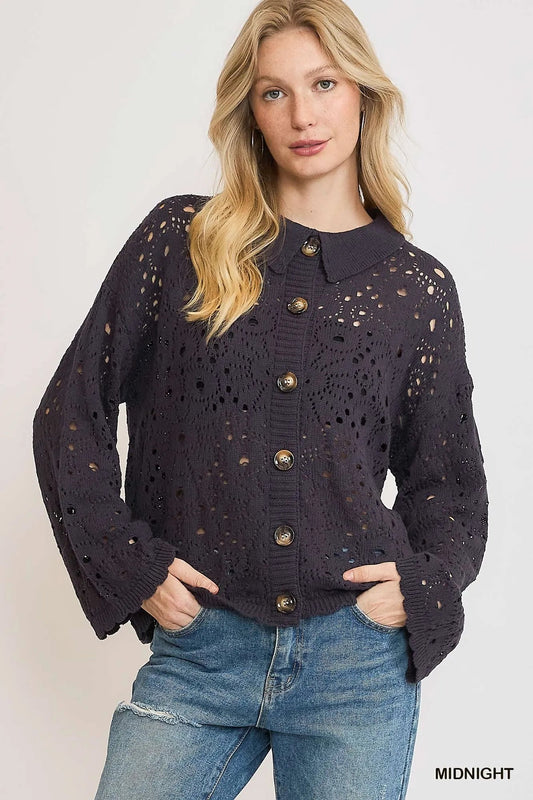 Umgee Hollow Out Button Down Cardigan - Jennie Dots