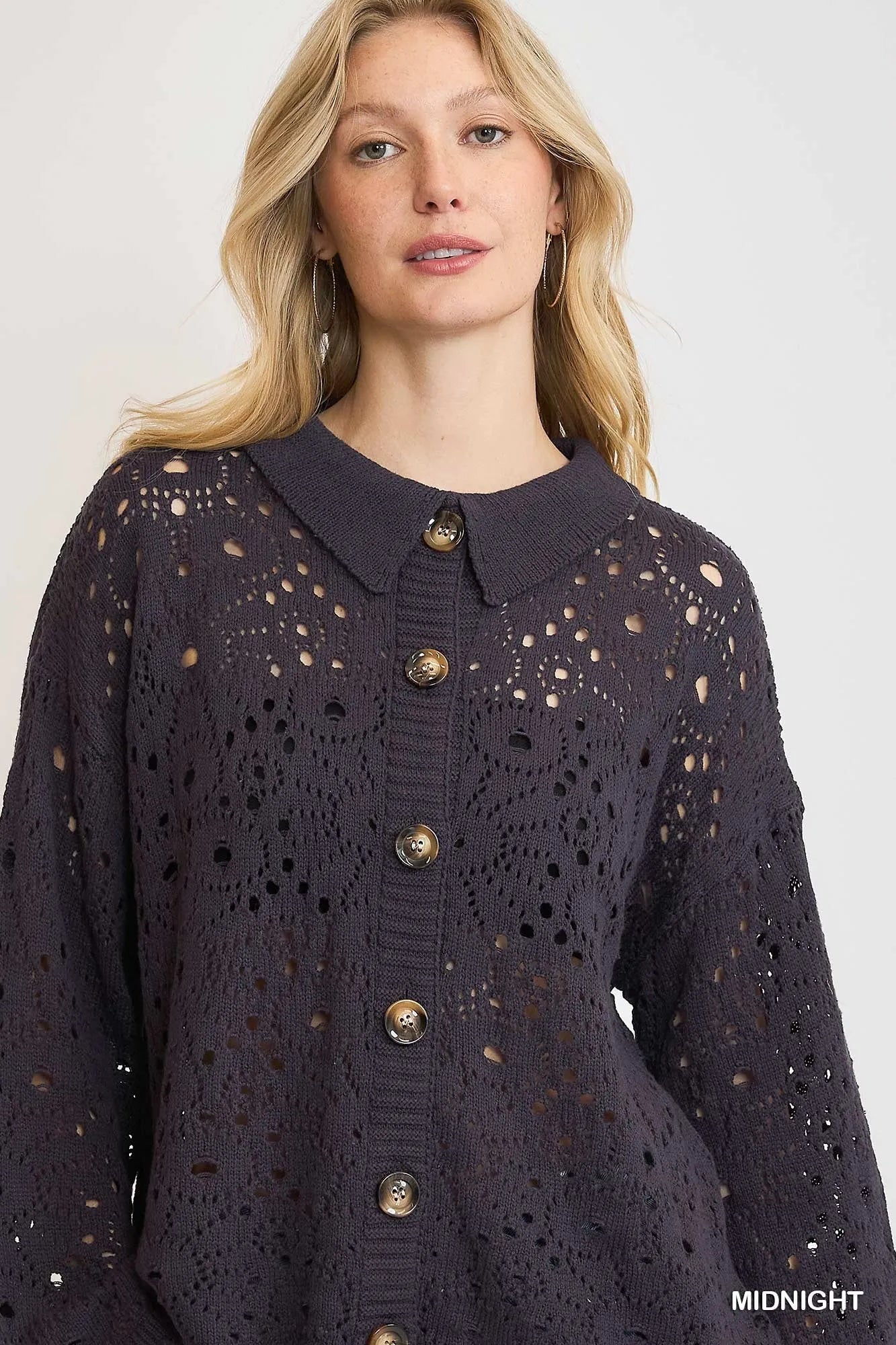 Umgee Hollow Out Button Down Cardigan - Jennie Dots