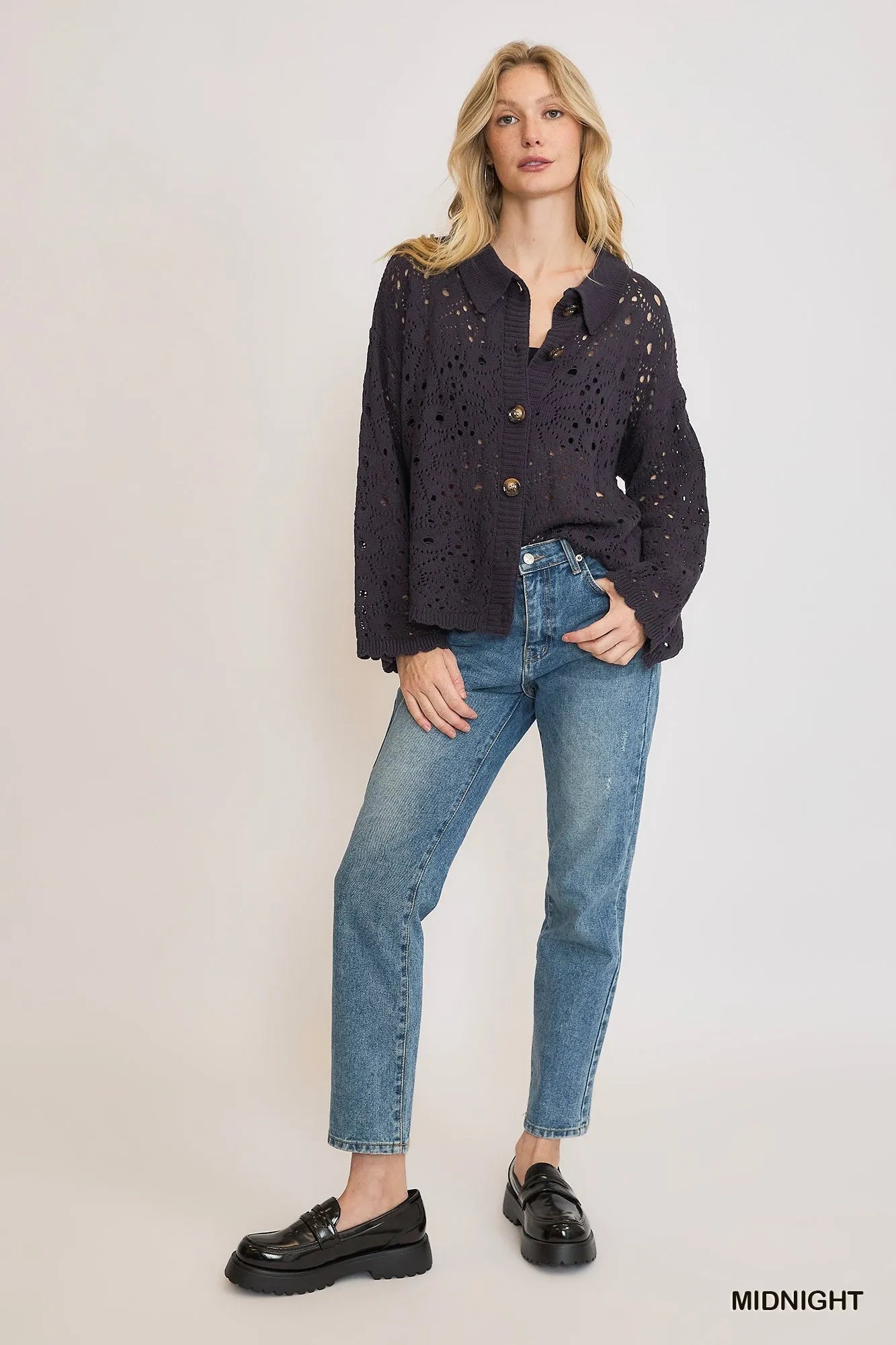 Umgee Hollow Out Button Down Cardigan - Jennie Dots
