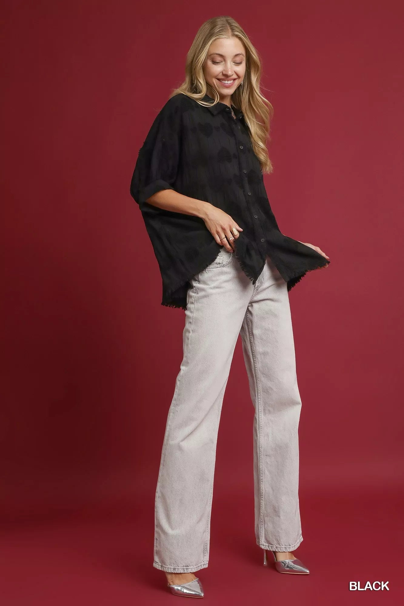 Umgee Jacquard Heart Collared Shirt - Jennie Dots