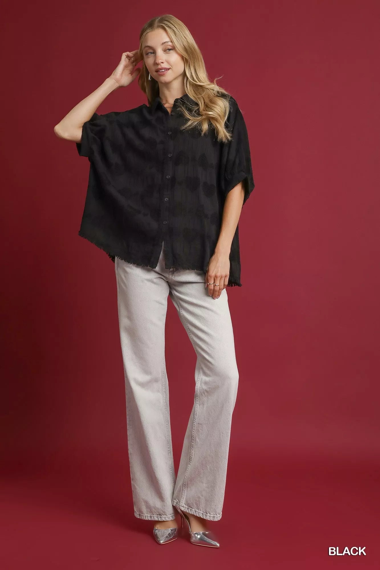 Umgee Jacquard Heart Collared Shirt - Jennie Dots