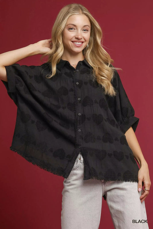 Umgee Jacquard Heart Collared Shirt - Jennie Dots