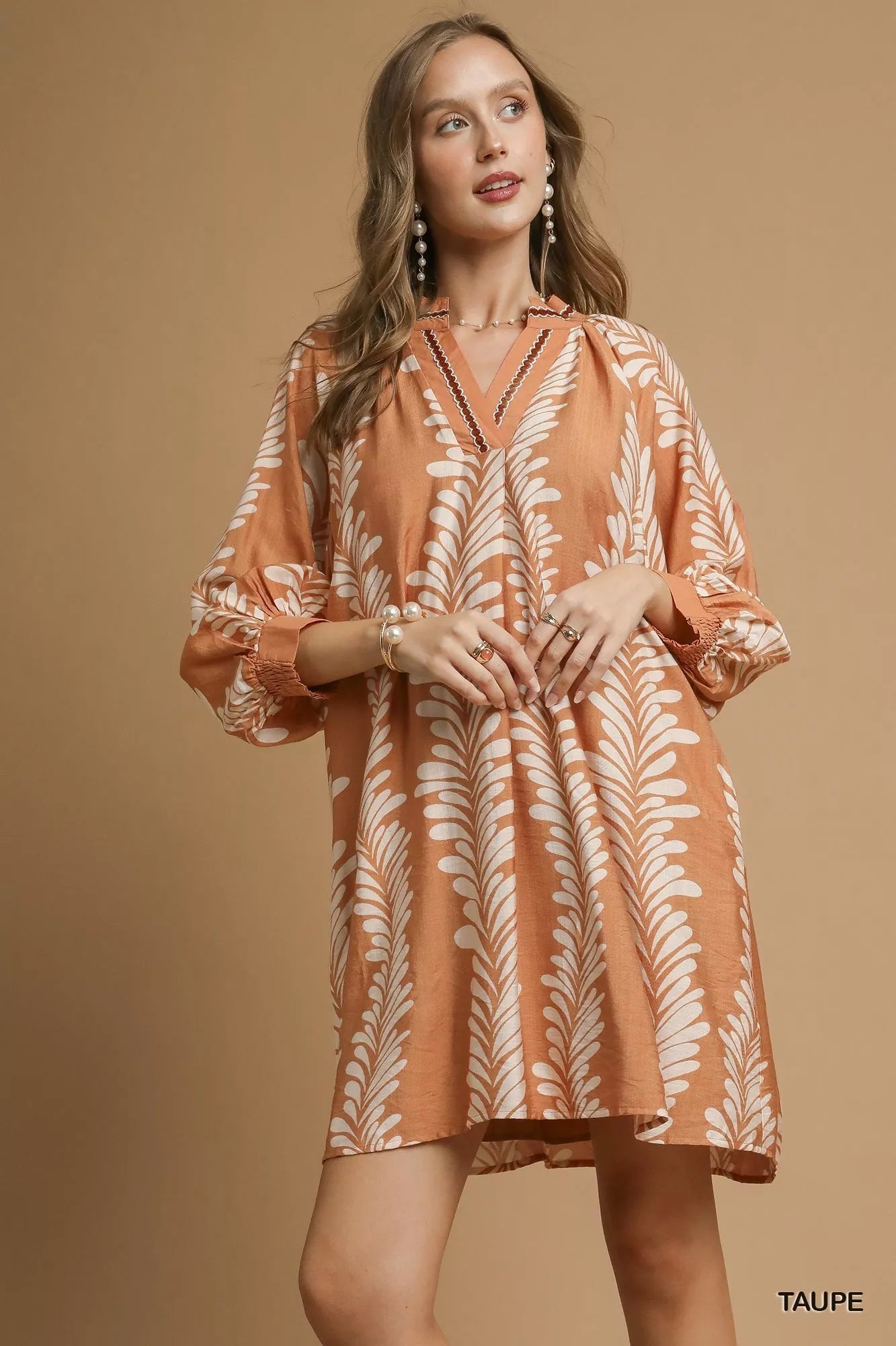 Umgee Leaf Print Notched Mini Babydoll Dress - Jennie Dots