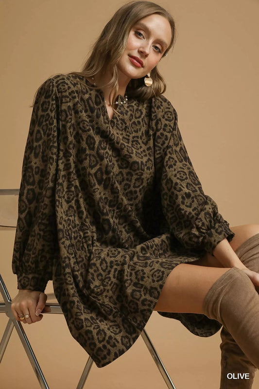 Umgee Leopard Print Long Sleeve Swing Dress - Jennie Dots