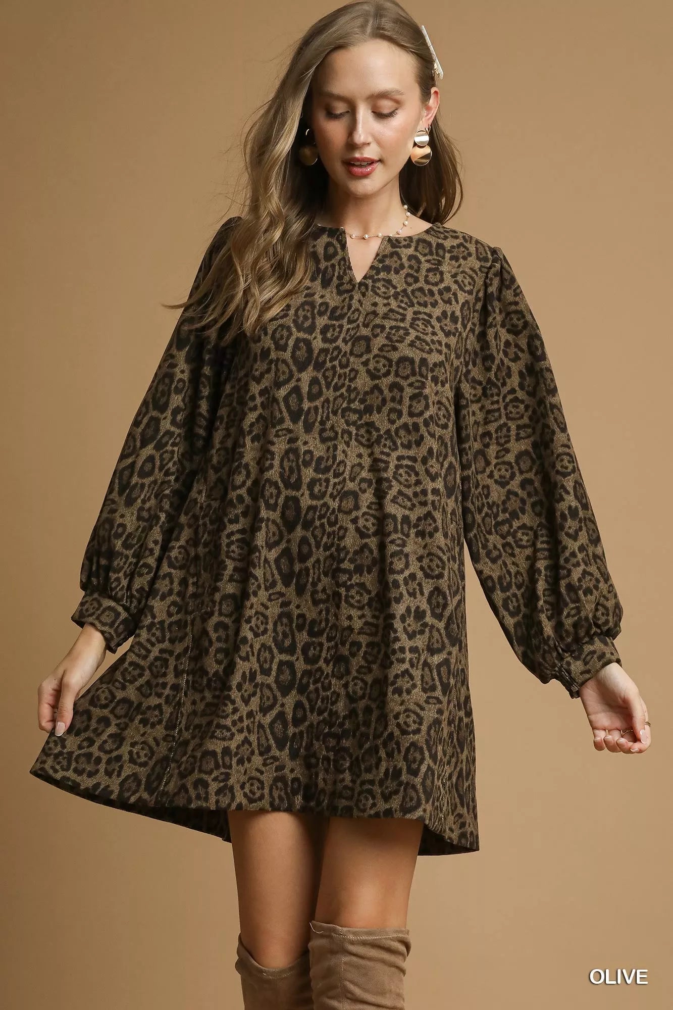 Umgee Leopard Print Long Sleeve Swing Dress - Jennie Dots