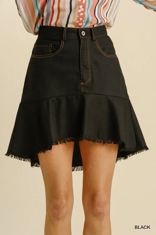 Umgee Linen Blend 5 Pockets High Low Skirt with Frayed Hem - Jennie Dots