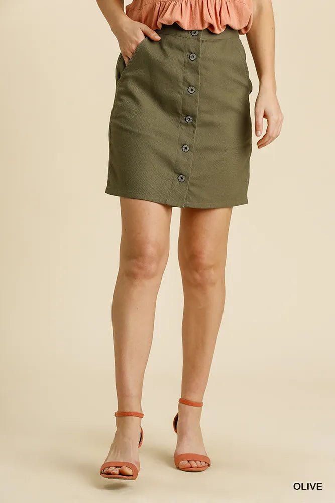 Umgee Linen Blend Button Down Skirt with Pockets - Jennie Dots