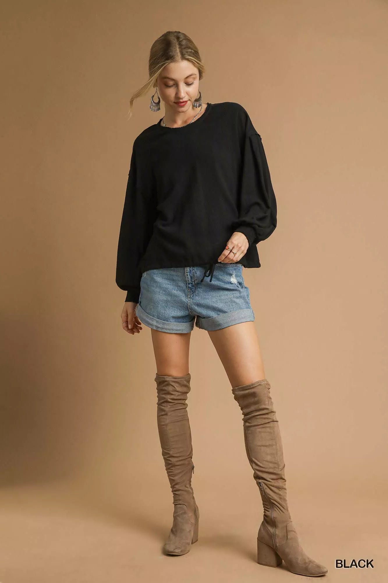 Umgee Linen Long Sleeve Top with Drawstring - Jennie Dots