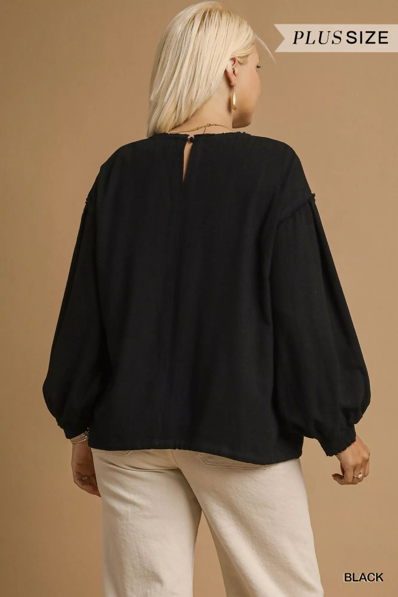 Umgee Linen Long Sleeve Top with Drawstring - Jennie Dots