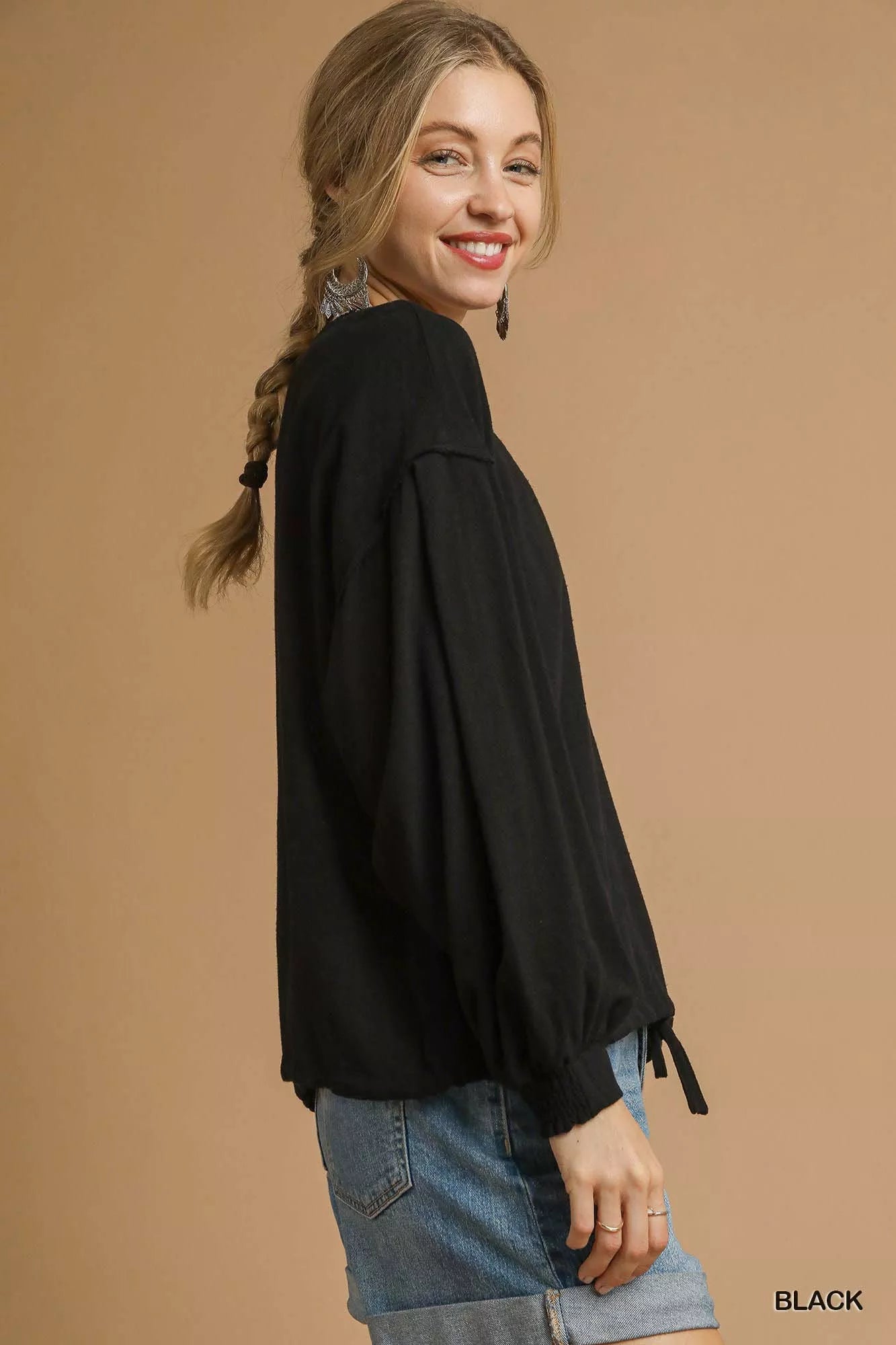 Umgee Linen Long Sleeve Top with Drawstring - Jennie Dots