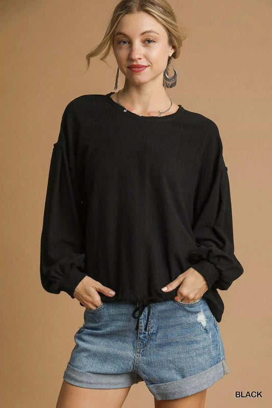 Umgee Linen Long Sleeve Top with Drawstring - Jennie Dots