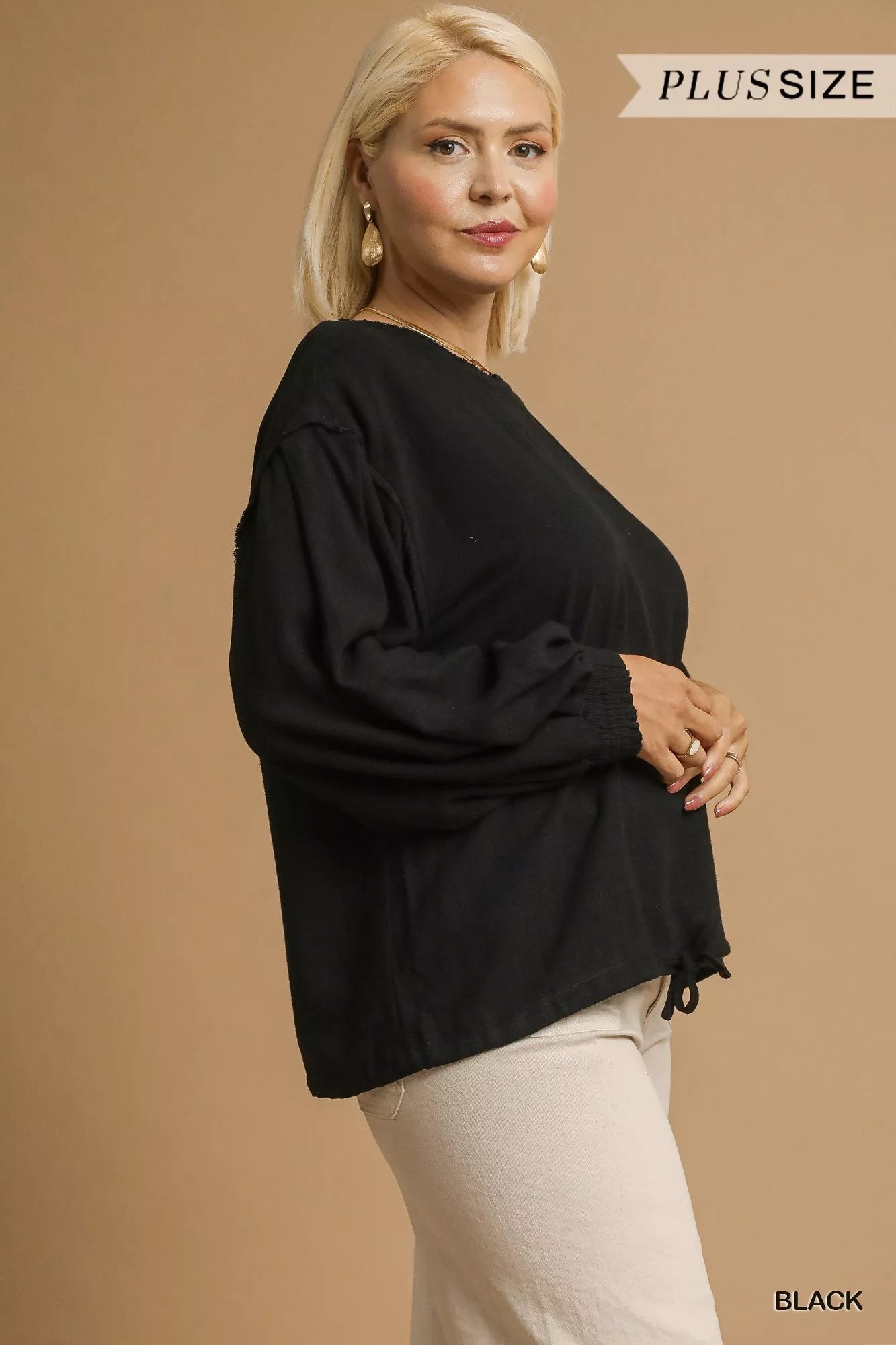 Umgee Linen Long Sleeve Top with Drawstring - Jennie Dots