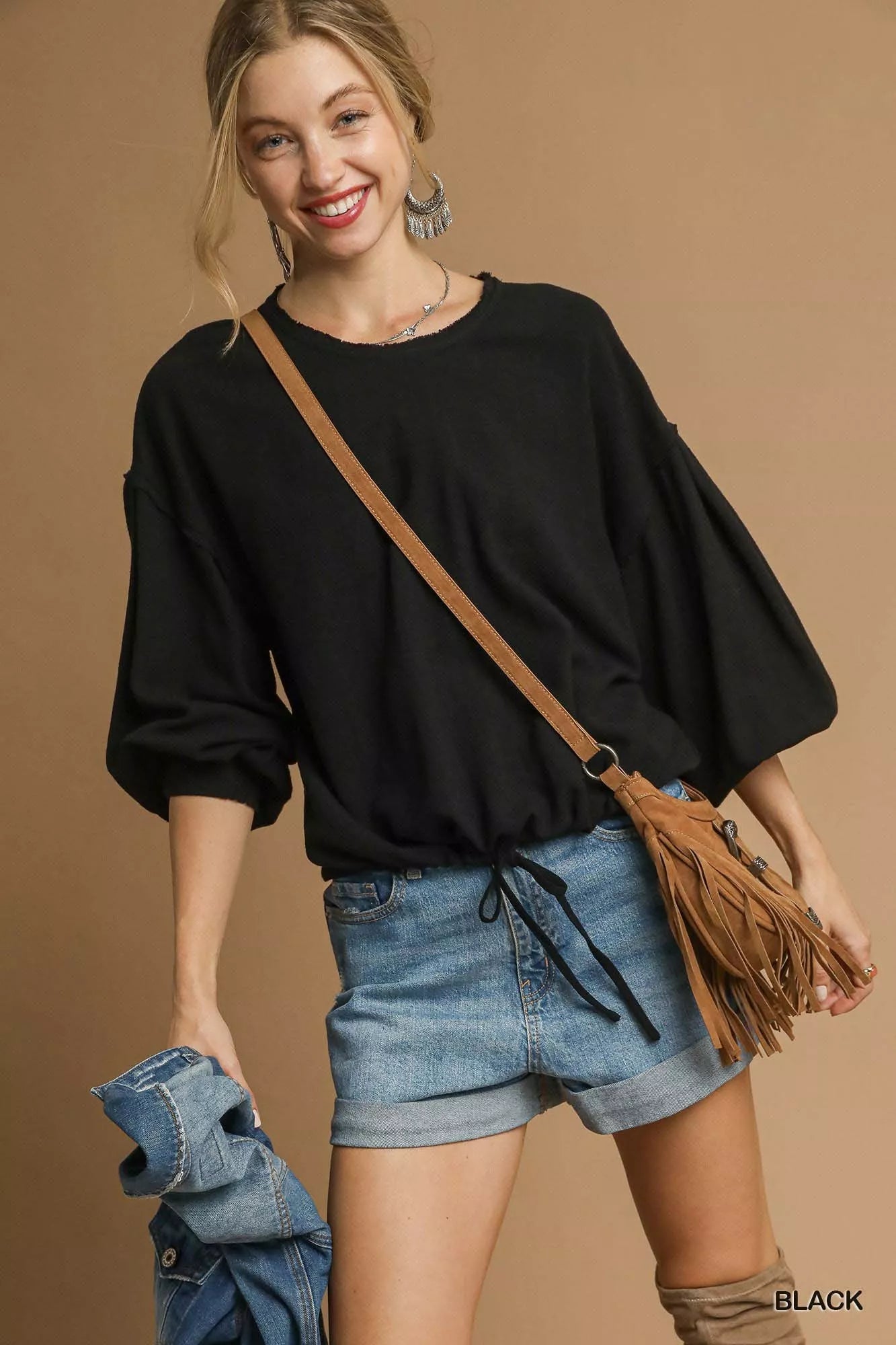 Umgee Linen Long Sleeve Top with Drawstring - Jennie Dots