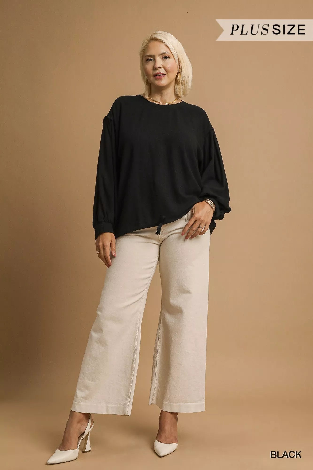 Umgee Linen Long Sleeve Top with Drawstring - Jennie Dots