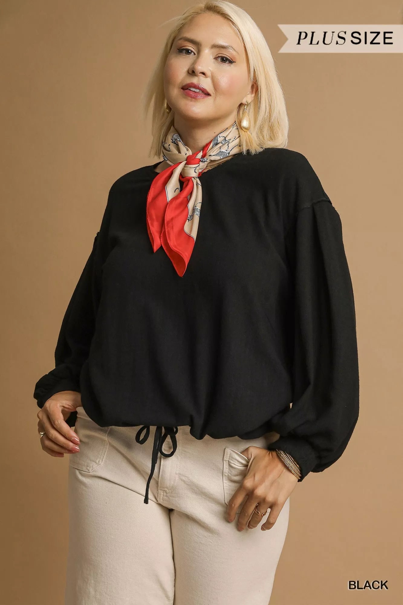 Umgee Linen Long Sleeve Top with Drawstring - Jennie Dots