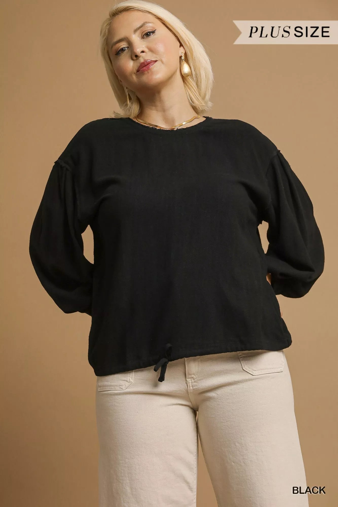 Umgee Linen Long Sleeve Top with Drawstring - Jennie Dots