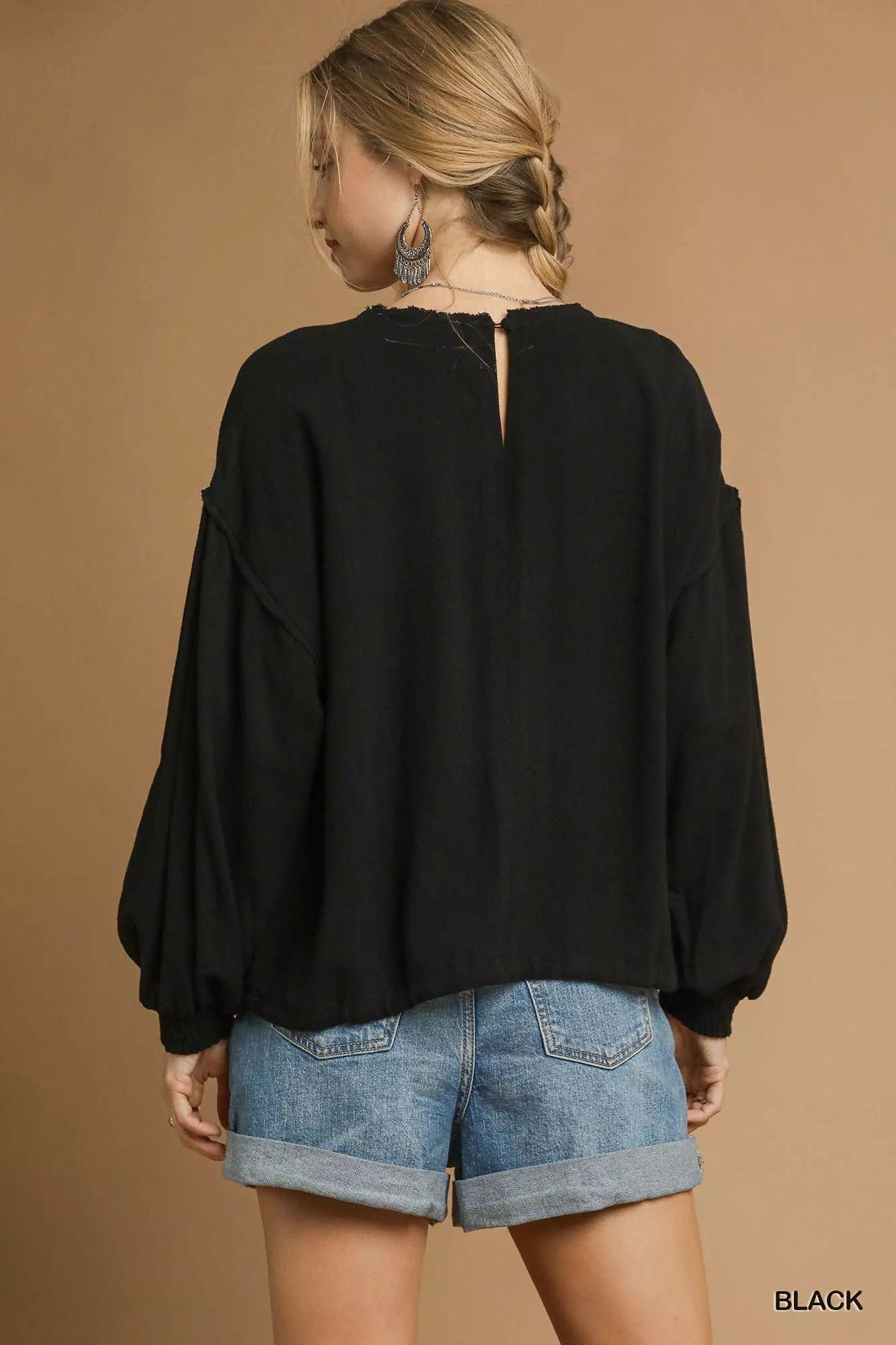 Umgee Linen Long Sleeve Top with Drawstring - Jennie Dots