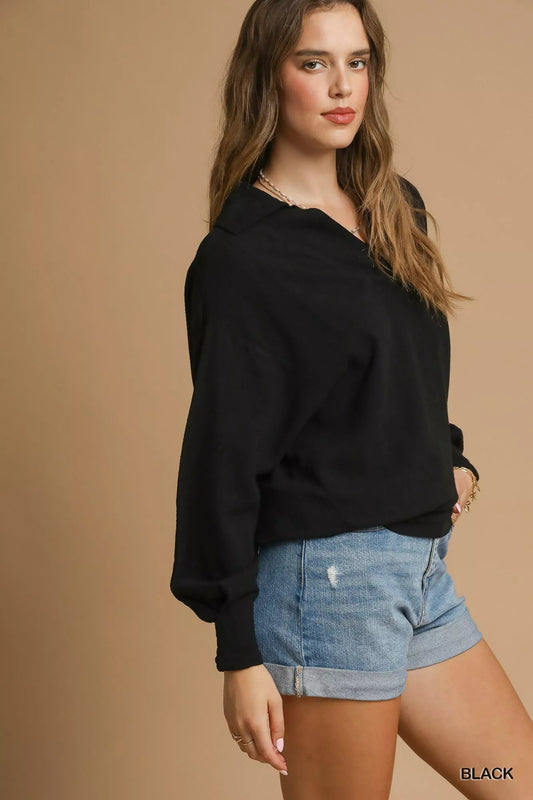 Umgee Linen Long Sleeves Elastic Hem Blouse - Jennie Dots