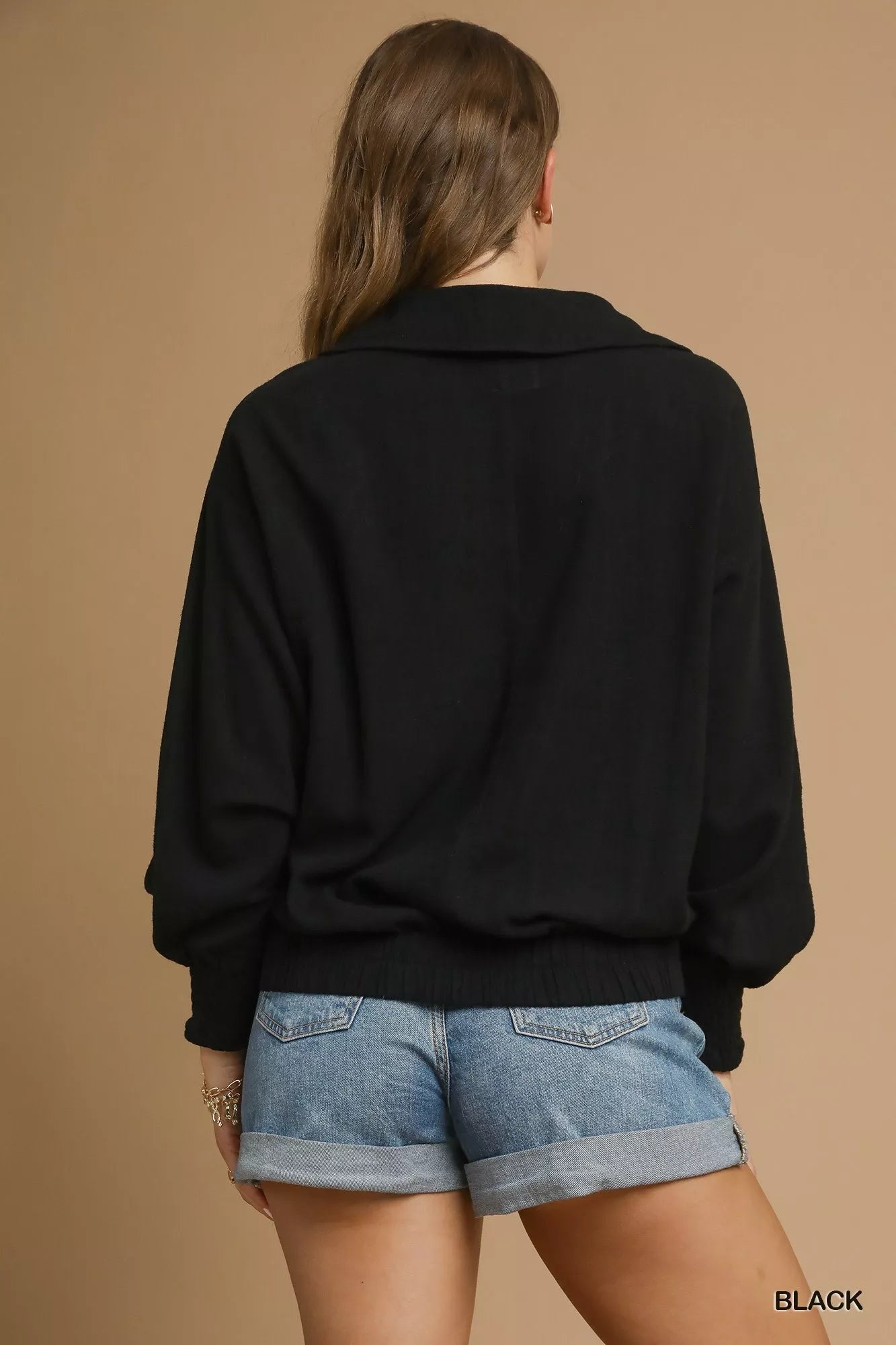 Umgee Linen Long Sleeves Elastic Hem Blouse - Jennie Dots