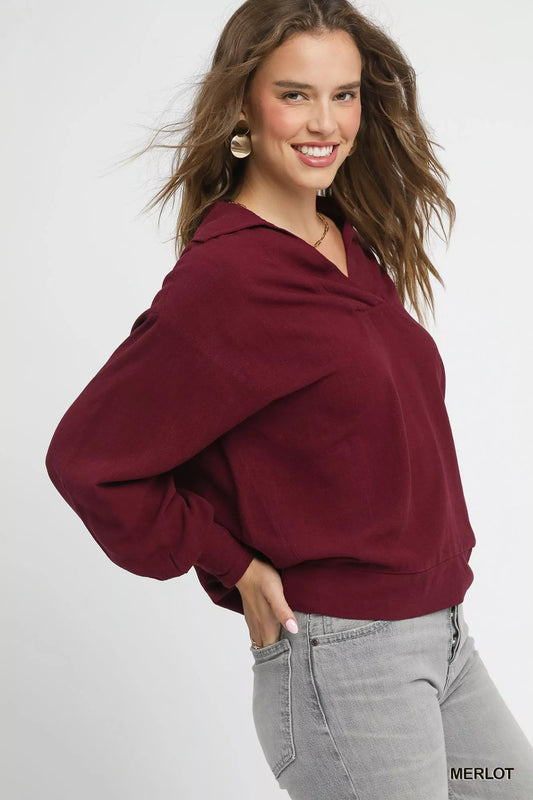 Umgee Linen Long Sleeves Elastic Hem Blouse - Jennie Dots
