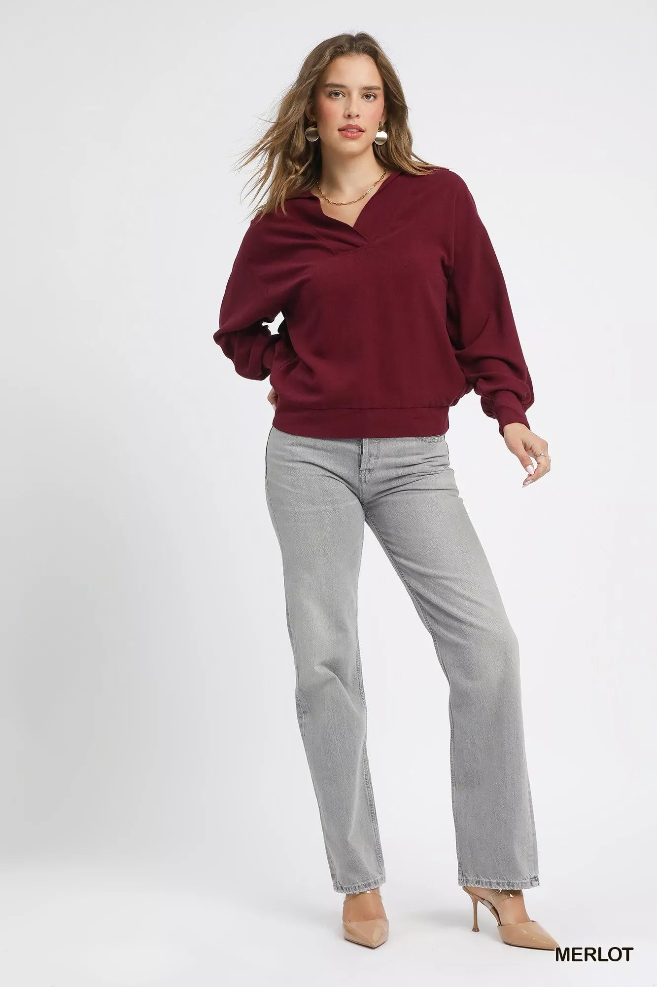 Umgee Linen Long Sleeves Elastic Hem Blouse - Jennie Dots