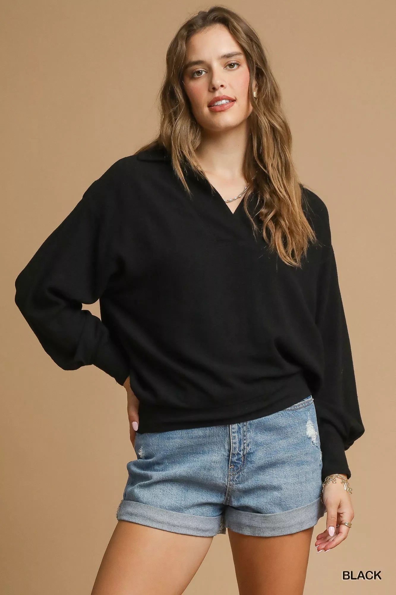 Umgee Linen Long Sleeves Elastic Hem Blouse - Jennie Dots