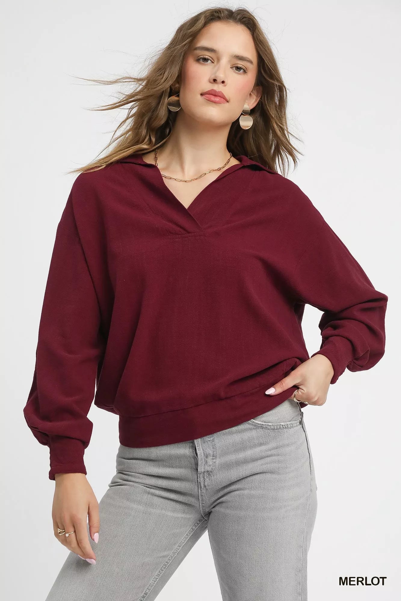Umgee Linen Long Sleeves Elastic Hem Blouse - Jennie Dots