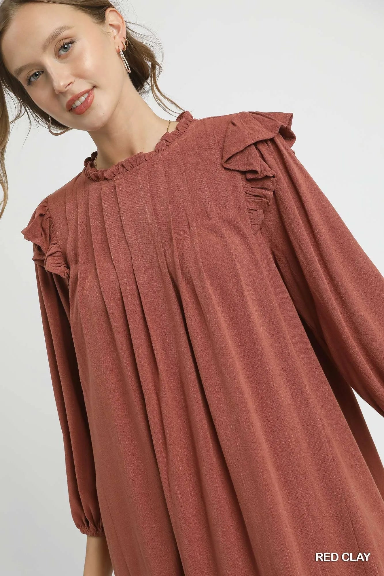 Umgee Linen Ruffle Shoulder Pleated Babydoll Dress - Jennie Dots
