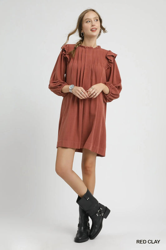 Umgee Linen Ruffle Shoulder Pleated Babydoll Dress - Jennie Dots