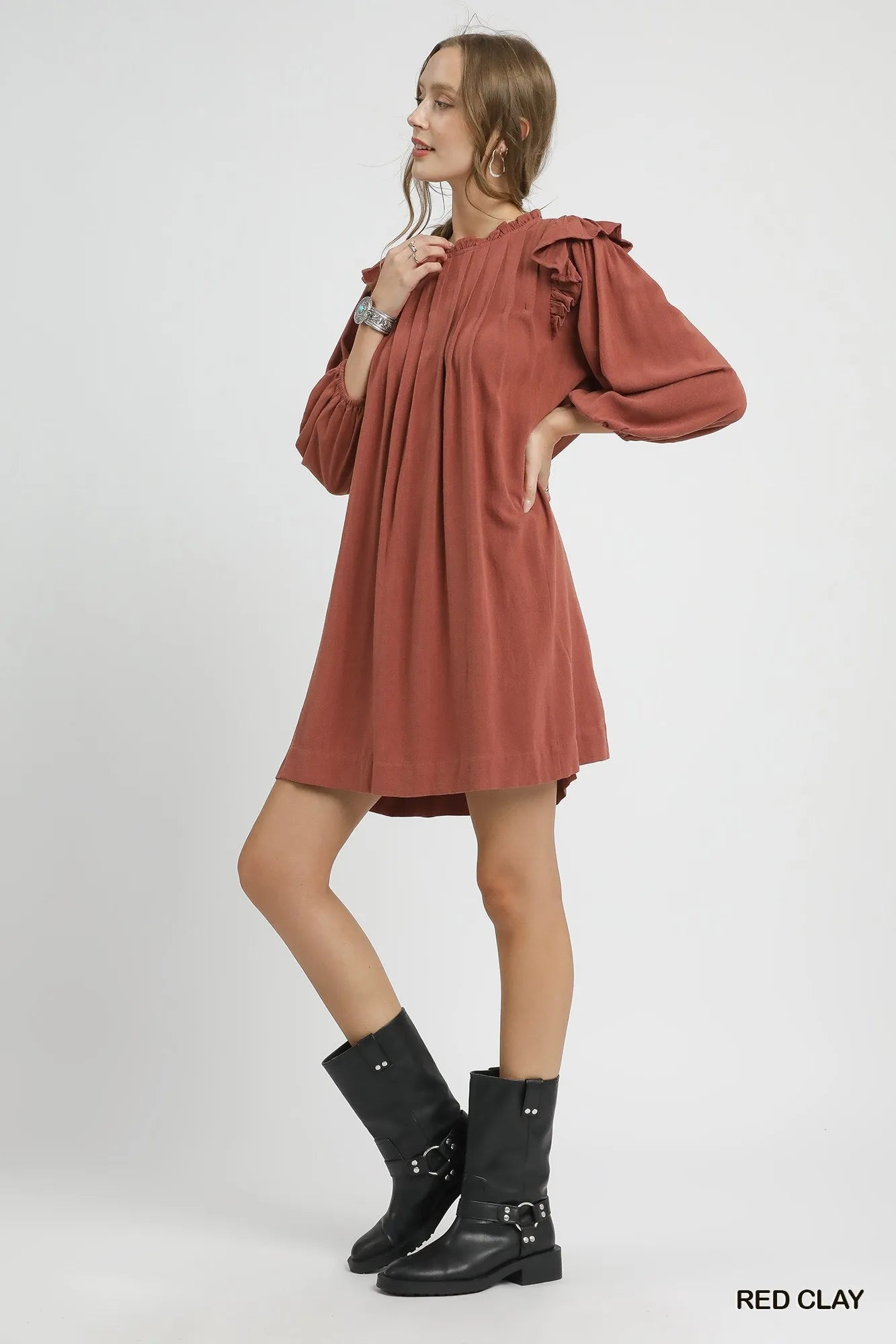Umgee Linen Ruffle Shoulder Pleated Babydoll Dress - Jennie Dots