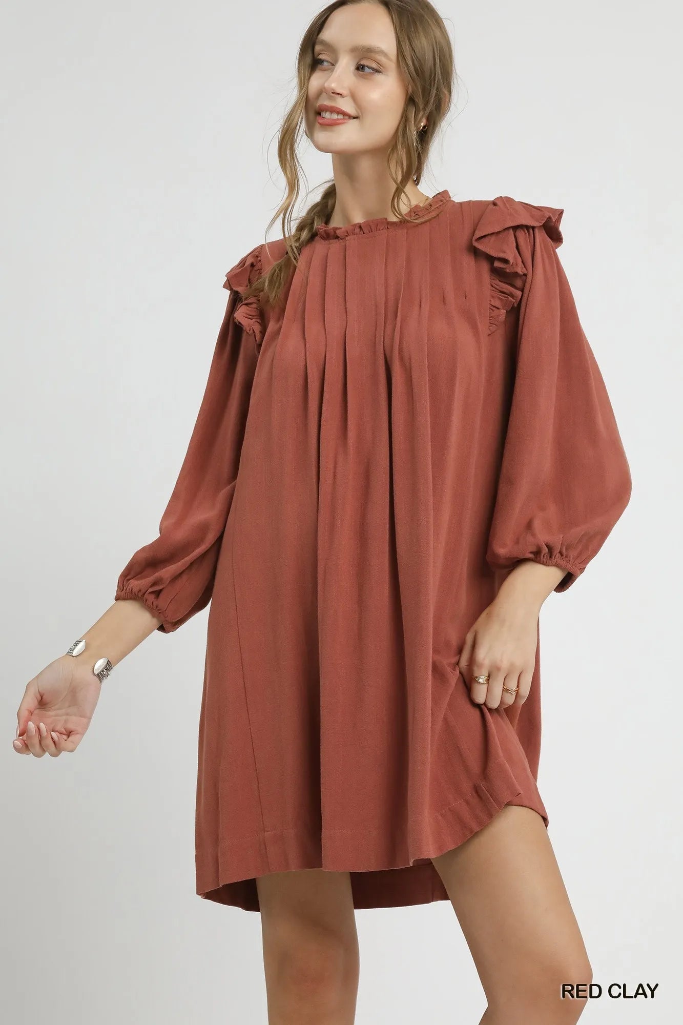 Umgee Linen Ruffle Shoulder Pleated Babydoll Dress - Jennie Dots