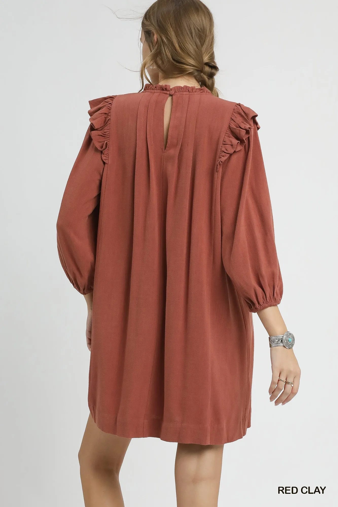 Umgee Linen Ruffle Shoulder Pleated Babydoll Dress - Jennie Dots