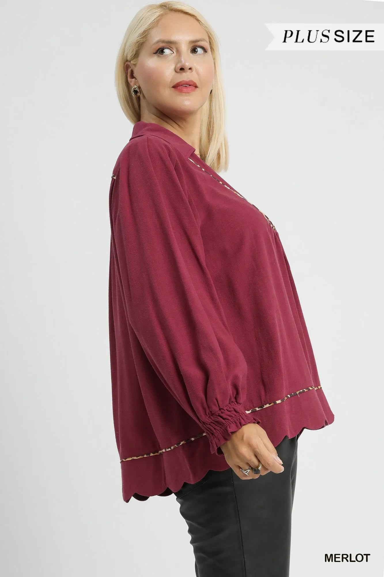 Umgee Linen Scallop Hem Blouse with Contrast Trim - Jennie Dots
