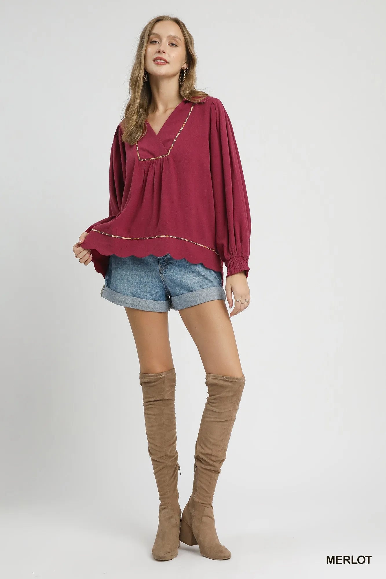 Umgee Linen Scallop Hem Blouse with Contrast Trim - Jennie Dots