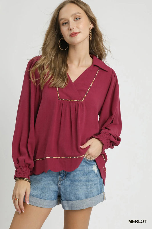 Umgee Linen Scallop Hem Blouse with Contrast Trim - Jennie Dots