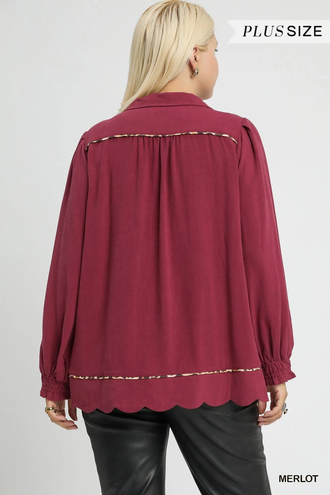 Umgee Linen Scallop Hem Blouse with Contrast Trim - Jennie Dots