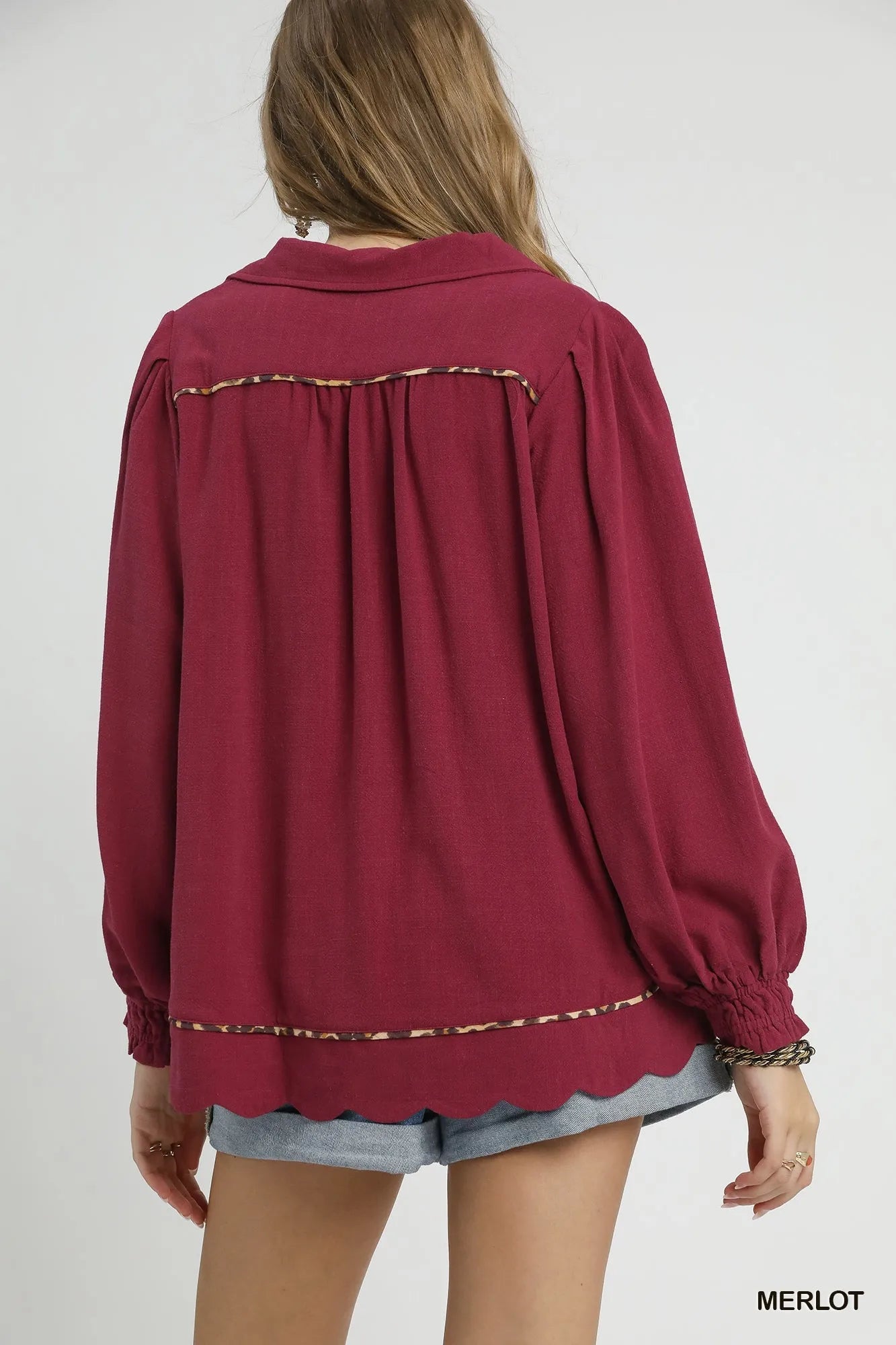 Umgee Linen Scallop Hem Blouse with Contrast Trim - Jennie Dots