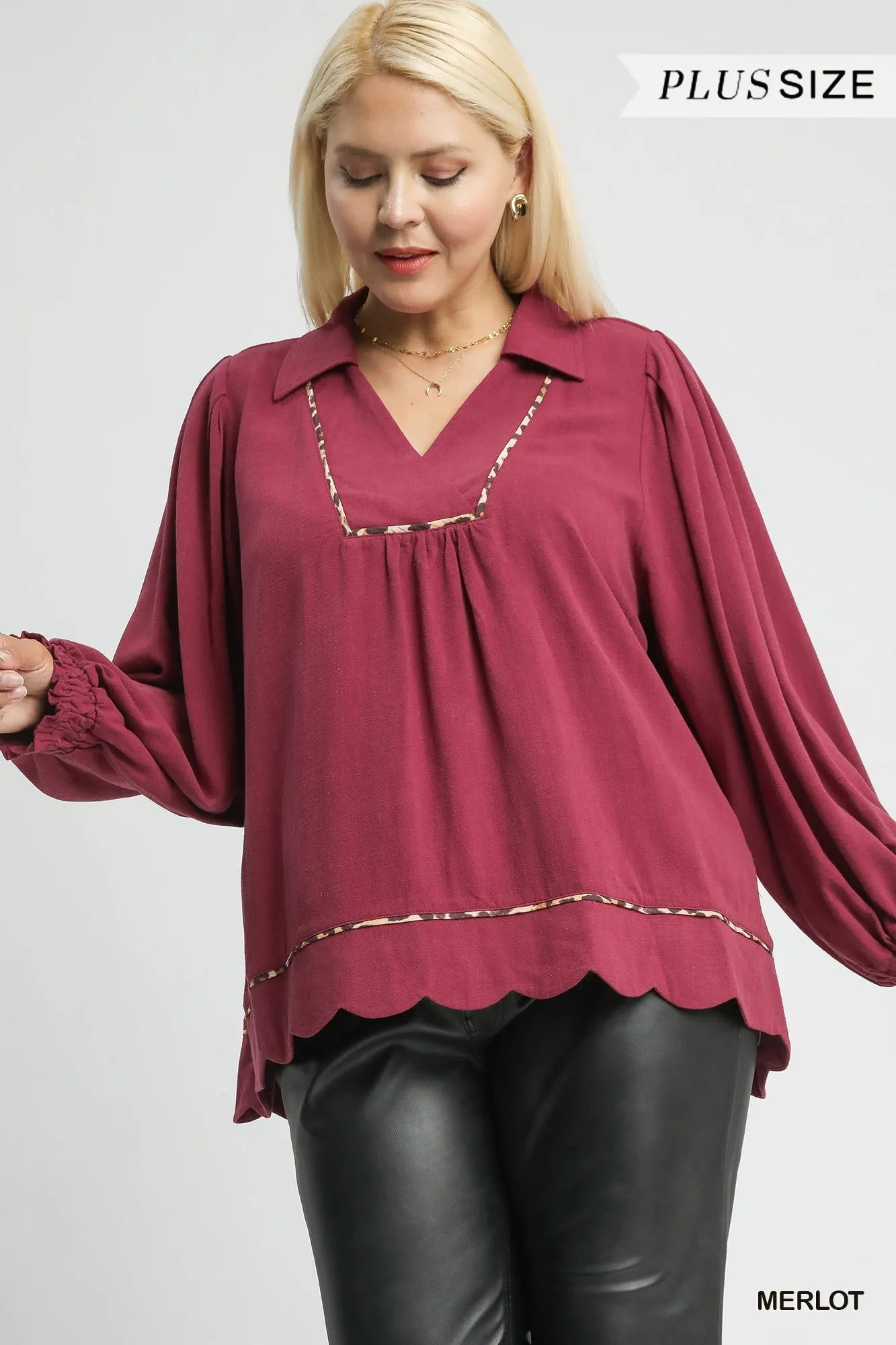 Umgee Linen Scallop Hem Blouse with Contrast Trim - Jennie Dots